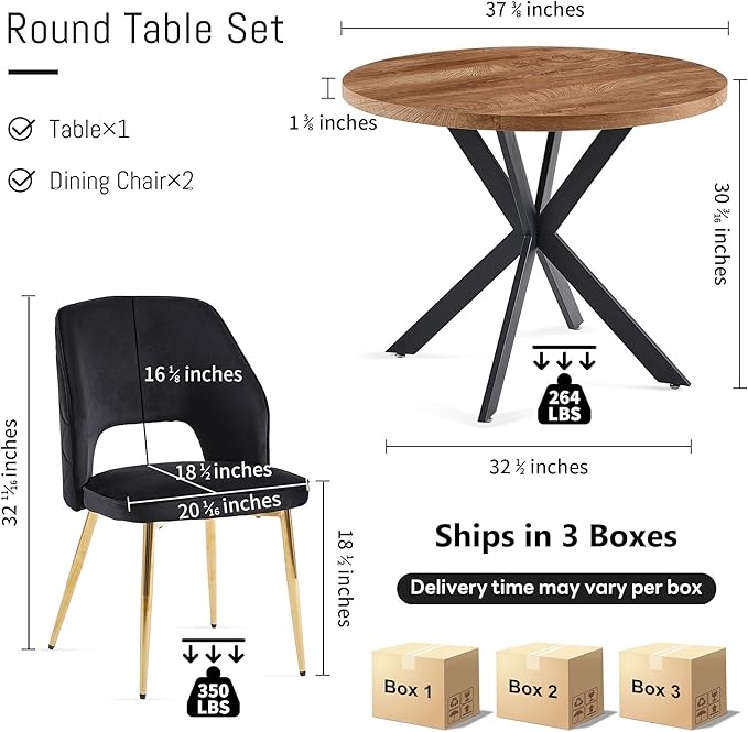 NORDICANA 3-Piece Dining Table Set for 2 - Space Saving 37-Inch Round Table and Chairs, 2 Seaters Dining Set with Upholstered Dining Chairs (Black)