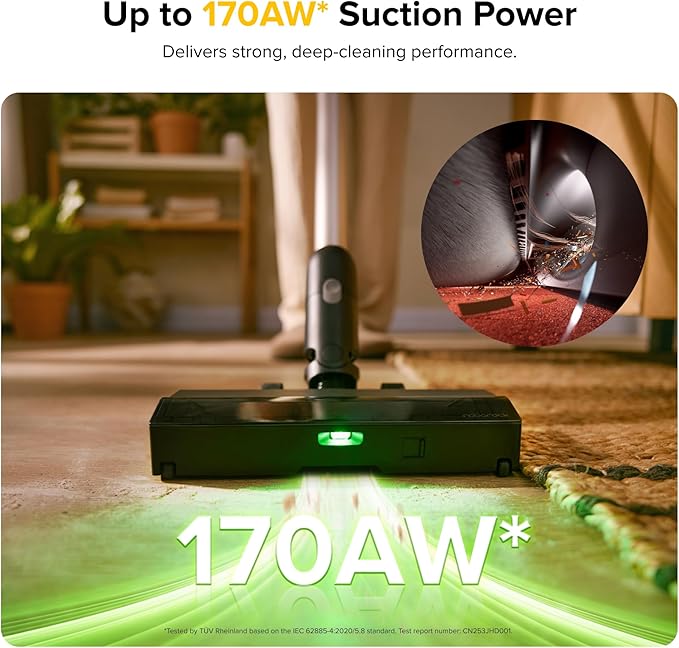 roborock H60 Pro Cordless Stick Vacuum Cleaner, 170AW Suction Power, 80-Min Runtime, 90° Bendable Tube, Dust-Detecting LED, Anti-Tangle Vacuum Cleaner for Home, Carpets, Hard Floors & Pet Hair