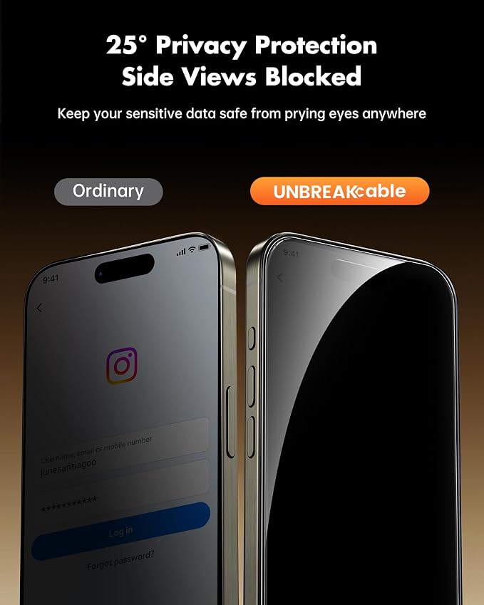 UNBREAKcable Privacy Screen Protector for iPhone 15 (6.1) 25° Anti-Spy Tempered Glass Easy Install Alignment Frame Case-Friendly 9H Hardness Anti-Fingerprint 3-Pack