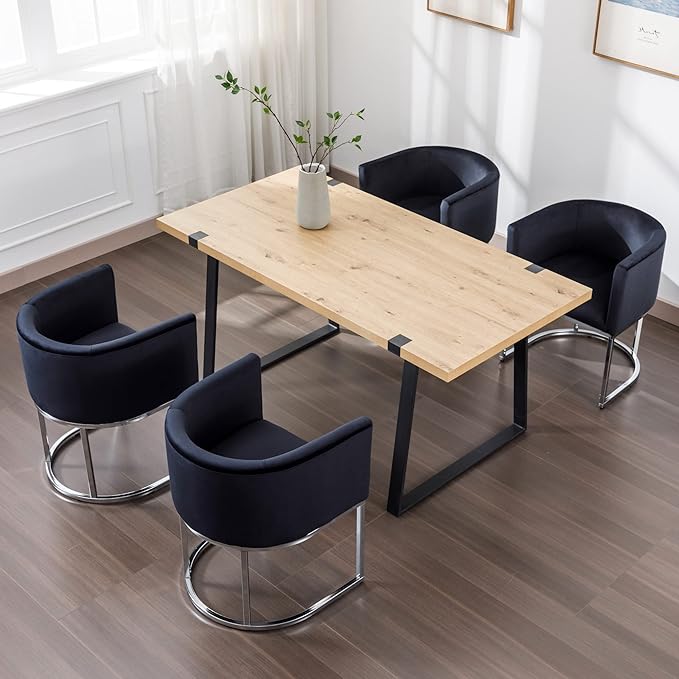 Velvet Dining Chairs Set of 4 Modern Barrel Arm Chairs with Chrome Metal Frame, Upholstered Kitchen Chairs 18.5" Wide Accent Chairs for Living Room Dining Room Restaurant, Black