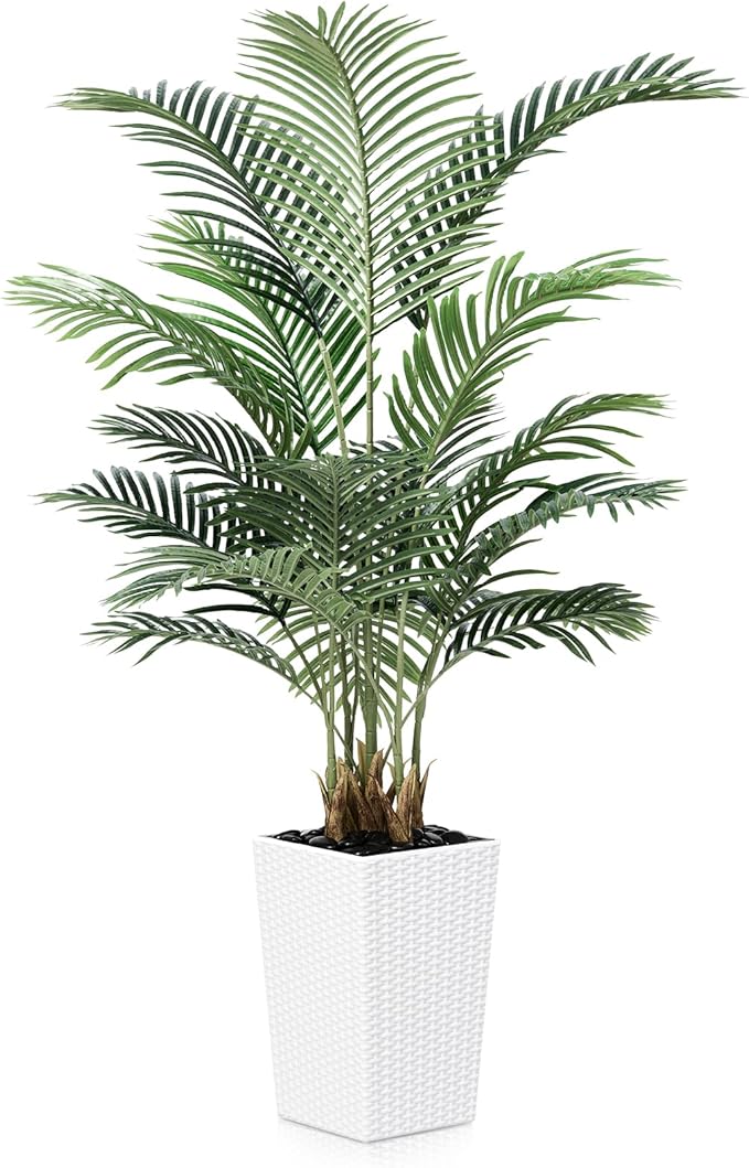 5FT Artificial Palm Tree - Tall Fake Tree with White Taper Planter & Pebbles, UV Resistant for Indoor & Outdoor Decor - Large Potted Faux Plant for Living Room, Office, Home Decor,VN130