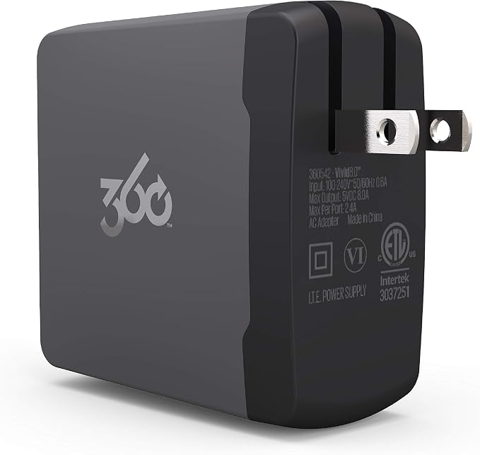 360 Electrical 360542 Vivid 8.0 USB Wall Charger with Four USB Ports 8.0 Amp (40 Watt) Charging Power Folding Plug LED Guide Lights and Charge Sense Technology (Gray)