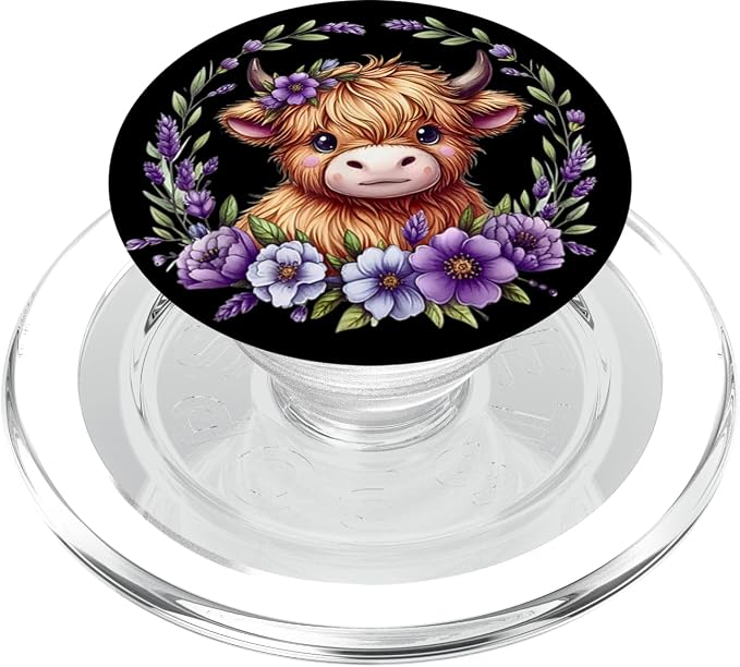 Baby Highland Cow with Purple Flowers Scottish Farm PopSockets Adhesive PopGrip