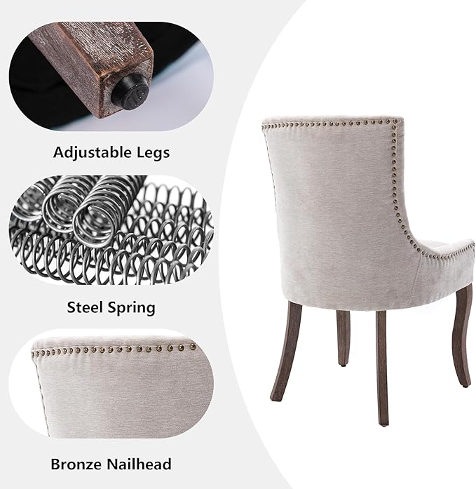 Farmhouse Dining Chairs Set of 6, Upholstered Fabric Dining Room Accent Chairs with Wood Legs & Bronze Nailhead, High Wingback Kitchen Chairs for Living Room Hotel Apartment, Beige