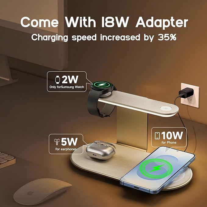 Aluminum 4-in-1 Charging Station for Samsung/Android with 3-Level Night Light, 18W Wireless Charger for Galaxy S25 Ultra/S24/S23/S22/Note 20,Galaxy Watch Ultra/8/7,Galaxy Buds 3 Pro(Starlight)