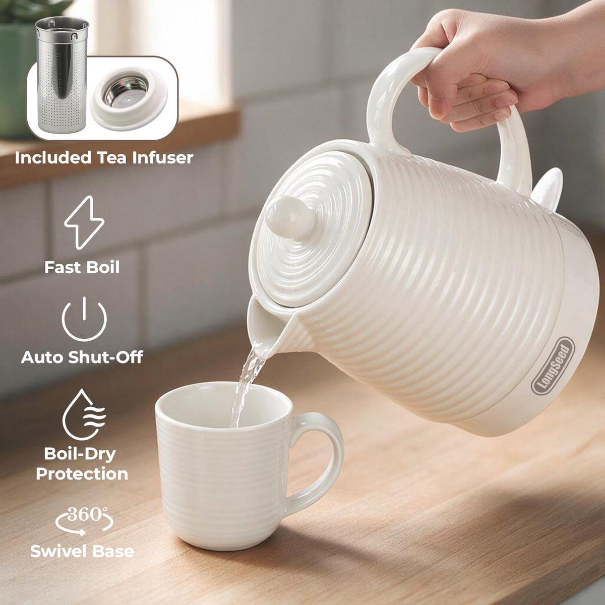LONGSEED 1.2 Liters Ceramic Electric Kettle with Infuser & Mug Set, 1000W Fast Boil Water for Tea and Coffee, Teapot with Boil-Dry Protection and Auto Shut-Off, Detachable Swivel Base