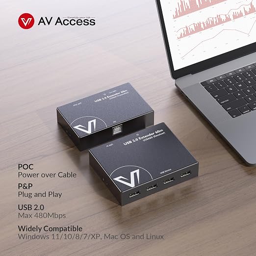 AV Access USB Extender Power Over Cable Cat5e/6/6a/7 up to 196ft/60m | 4 Ports USB 2.0 Extender Over Ethernet Plug and Play Supports All Operating System(Power on TX Side)