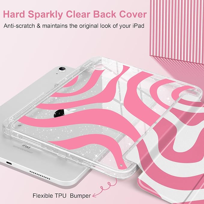 MEEgoodo Case for iPad A16 11th Generation 2025/10th Generation 2022 Glitter Tablet Cases with Transparent Acrylic Back+Trifold Stand +Pencil Holder+Auto Wake/SleepAbstract Sun &amp Palm Tree