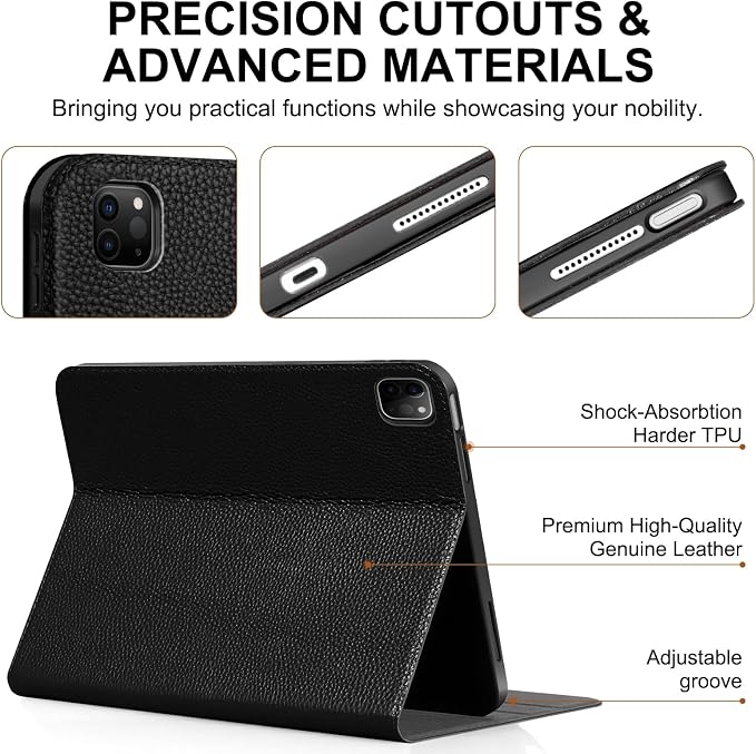 Genuine Leather Case for iPad 11th Gen 11/10th Gen 10.9 Black | Pencil Holder Adjustable Stand Auto Wake/Sleep Shockproof