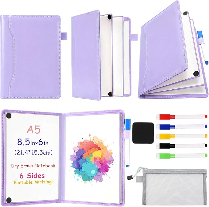 6 Sides Dry Erase Notebook Portable Whiteboards Notebook 9"x6"(a5) Small Reusable Whiteboard Notepad Foldable Anti-ghosting Surface, Travel White Board for Office Study Meeting Planning