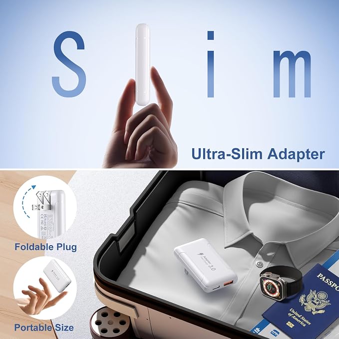 Slim Flat USB C Wall Plug OKRAY 50W Ultra-Thin&ampFoldable Dual USB Charger | PD30W USB-C+USB-A Fast Charging Block Multiport Travel Power Adapter for iPhone 17 Air 16 15 14 13 12 ProiPadGalaxy S2