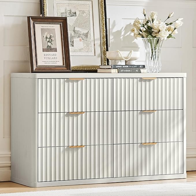 LEYAOYAO Fluted 6 Drawers Dresser, 48" Wide Modern Chest of Drawers with Wood Grain Top, Curved Profile Design, Dresser TV Stand, Wood Drawer Organizer for Bedroom, Living Room, Antique White