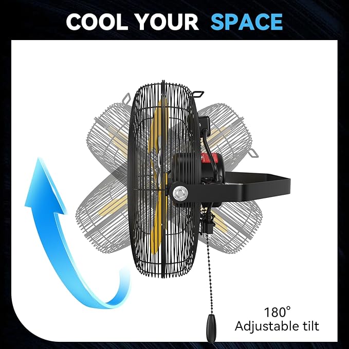 Fanqiebros 12 IN High Velocity Wall Mount Fan, 3 Speed Industrial Wall Fan with Sealed Motor, 2500 CFM Adjustable Air Circulator for Garage, Commercial, Greenhouse, Warehouse & Gazebo Use, UL Listed