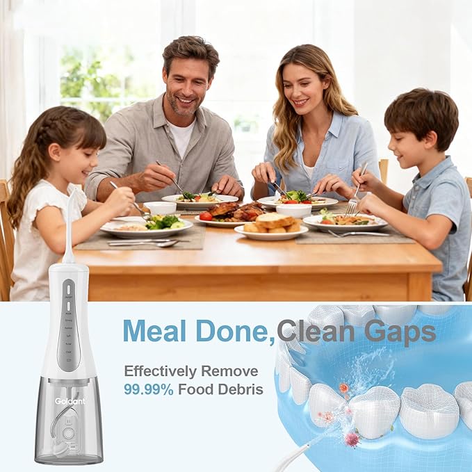 GOLDANT 350ML Water Dental Flosser Teeth Pick with Travel Bag, 5 Modes Portable Cordless Oral Irrigator Cleaner, Electric Rechargeable IPX7 Waterproof for Home Travel Teeth Cleaning flossing (White)
