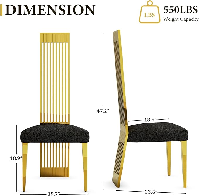 Dining Chairs Set of 6, Black Boucle Dining Room Chairs with Polished Gold Stainless Steel Legs and High Back