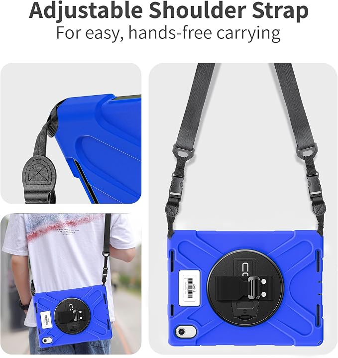 CODi Rugged iPad 11 (A16)/iPad 10.9 (10th Generation) Case with Screen Protector &amp Asset Tag Window-Blue | 360° Protection Kickstand &amp Shoulder Strap