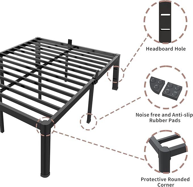 ROIL 16 Inch Queen Bed Frame with Rounded Corner and Headboard Hole Mattress Retainers 3500LBS Metal Heavy Duty Steel Slats No Box Spring Needed Platform Noise-Free Easy Assembly