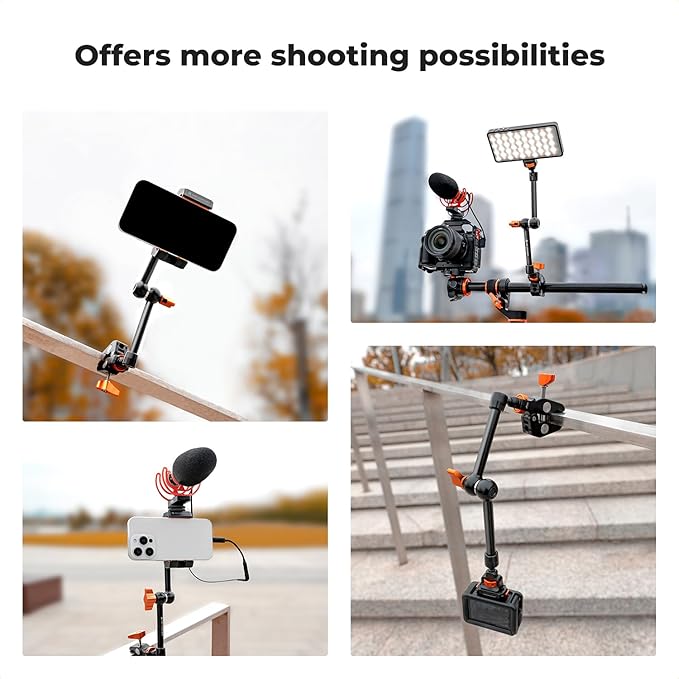 K&F CONCEPT 11" Magic Arm Clamp Kit with ARRI 1/4" & 3/8" Thread Screw 360° Ball Heads Articulating Arm Camera Adapter for DSLR, Monitor, LED Light, Microphone, Camera Cage, Action Camera
