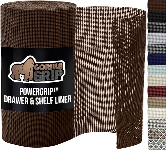 GORILLA GRIP powerGRIP Drawer Shelf and Cabinet Liner, Thick Strong Hold, Non-Adhesive Liners Protect Kitchen Cabinets and Cupboard, Bathroom Drawers, Easy Install, Breathable Mat, 17.5" x10', Brown