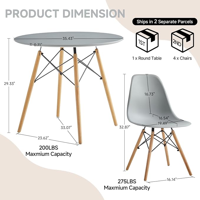 Round Dining Table Set for 4 35.5" Wood Dinner Table Circle Dining Table Kitchen Table Chairs Set of 4 with Wood Strip Base for Kitchen Living Room Space Saving Apartment(Grey)