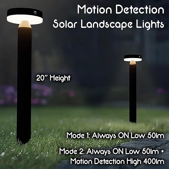 Solar Landscape Lights - Outdoor Solar Lights for Yard - PIR Sensor & Two Lighting Modes - 50lm & 400lm - Rechargeable Battery Last Up to 55 Hours - 3000K - IP44 Weather Resistant - 2 Pack