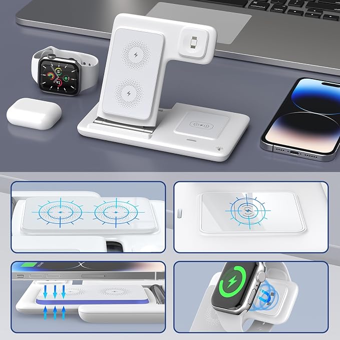 Foldable 3-in-1 Wireless Charging Station Fast Charging Stand Dock for Smart Watch Earbuds &amp Phone Magnetic Connection USB Powered