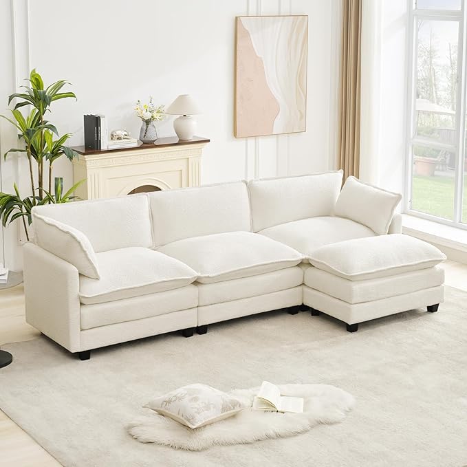 ROWHY Oversized Modular Sectional Couch with Movable Ottoman, 112" Modern Convertible L Shaped Sofa Set, 4 Seat Comfy Cloud Couch with 2 Throw Pillows, for Living Room and Office, Chenille, Beige