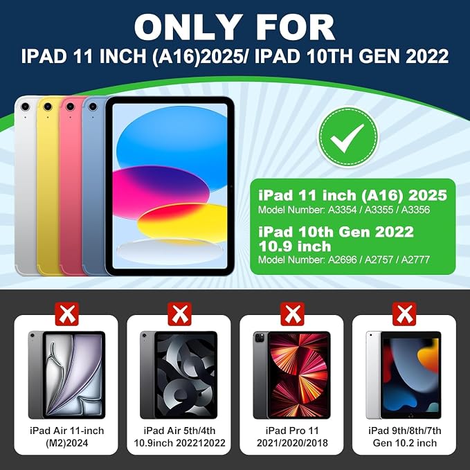 Case for iPad A16 11th / 10th Gen 10.9-Inch 360° Rotating Kickstand | Kids Shockproof Protective Cover with Handle Shoulder Strap &amp Pencil Holder Durable Silicone Case for Girls Black