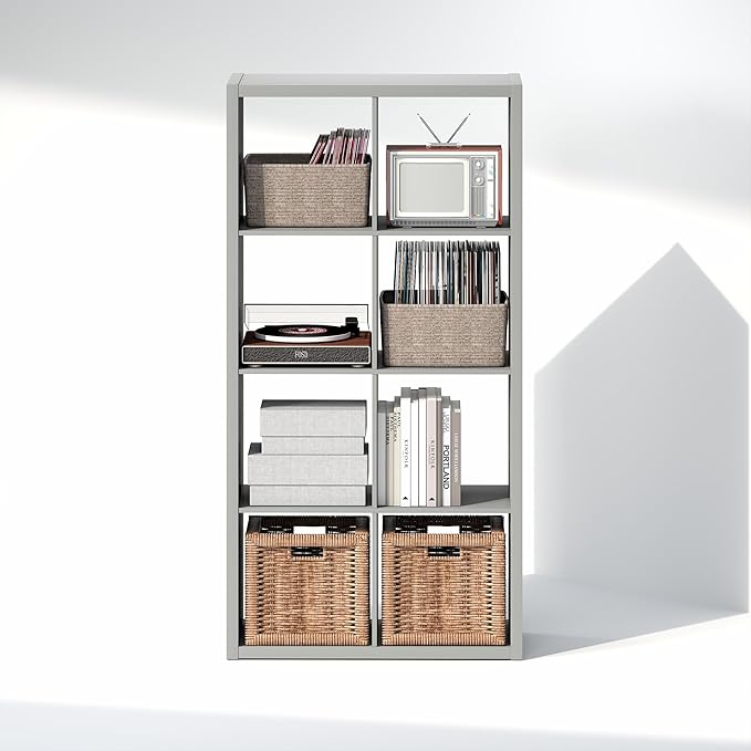Furinno Cubicle Record Player Stand with Vinyl Storage, 8-Cube 1.2 Extra Thick Vinyl Record Storage, Open Back Media Shelf for CD DVD Blueray Game Disc, for Living Room, Home Office, Light Grey