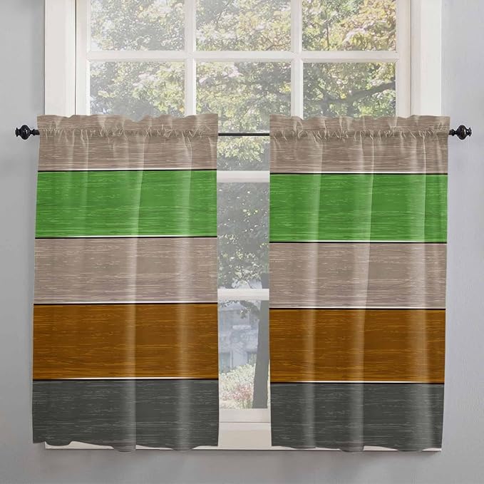 Farm Gray Green Brown Wood Grain Window Valance Curtains, Rustic Wooden Plank