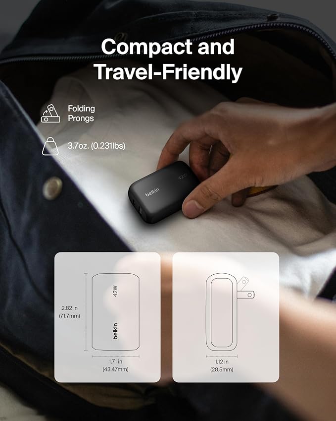 Belkin 42W Dual Port USB C and USB A Charger Block Fast Charging | Super Fast Charging Samsung Galaxy S26 iPhone 17 Air Pro Pro Max iPad AirPods Apple Watch