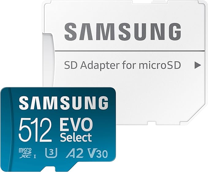 SAMSUNG EVO Select Micro SD-Memory-Card + Adapter, 512GB microSDXC 130MB/s Full HD & 4K UHD, UHS-I, U3, A2, V30, Expanded Storage for Android Smartphones, Tablets, Nintendo-Switch (MB-ME512KA/AM)
