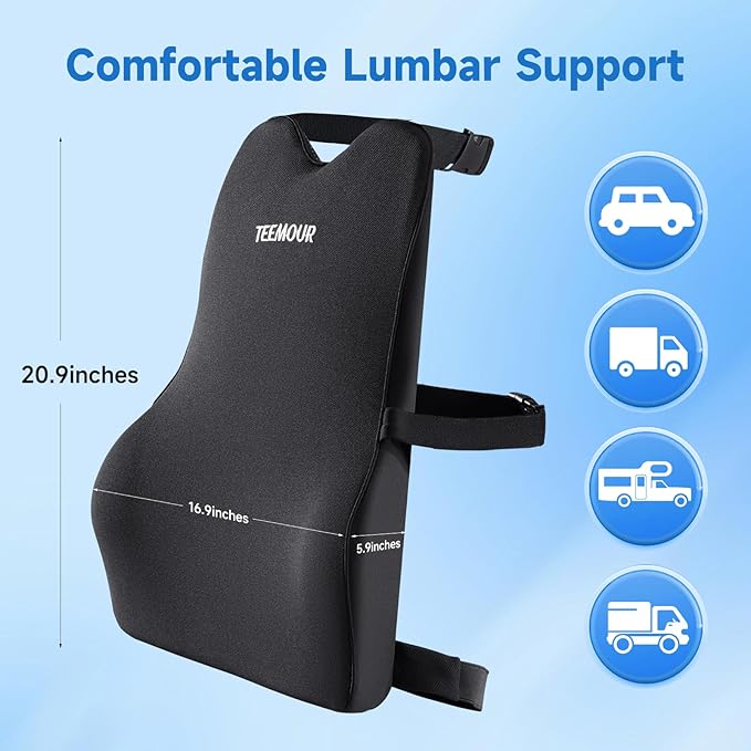 Lumbar Support Pillow for Car Truck Accessories Memory Foam Back Cushion for Driving Seat Lower Back Support, Lumbar Comfort for Long Drivvers Back Pain Relief, with Three Adjustable Straps Black