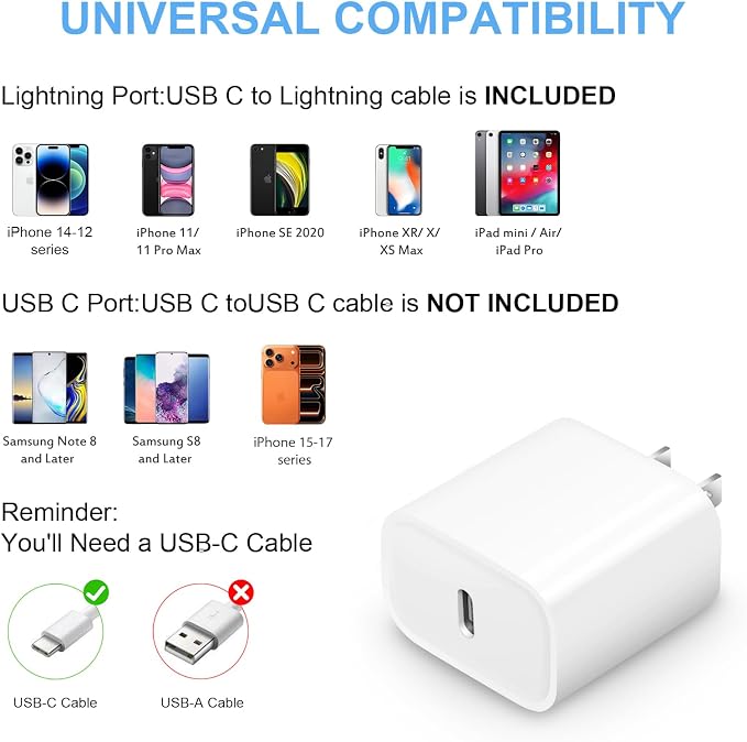 iPhone Charger Fast Charging 3+3Pack 20W USB C Charger with Lightning Cable | For iPhone 14/13/12/11/Pro/Pro Max/Mini/Xs Max/XR/X iPad