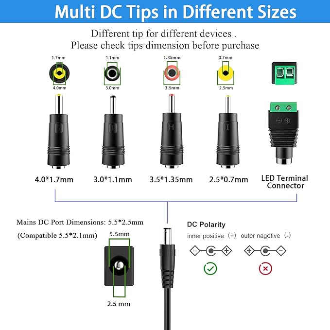 24V Power Supply Withe AC 100-240V to DC 24 Volt 1A 24W Adapter. | DC 24V Power Cord Class 2 with 5 Tips for LED Light Strip String Lights Soundbar Massage Gun and More.