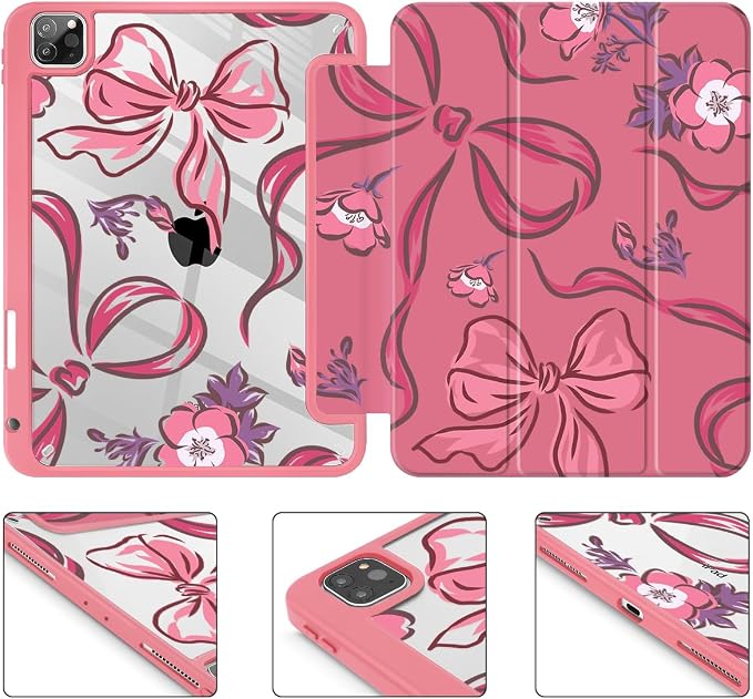 Mektron Case for iPad Pro 11 inch Case M2 2022 Generation 4th Fit 2021 2020 2018 iPad Pro 11 (3rd 2nd &amp 1st Gen) -Buit in Pencil Holder with Shockproof Cover Clear Shell Blue Bows &amp Flower