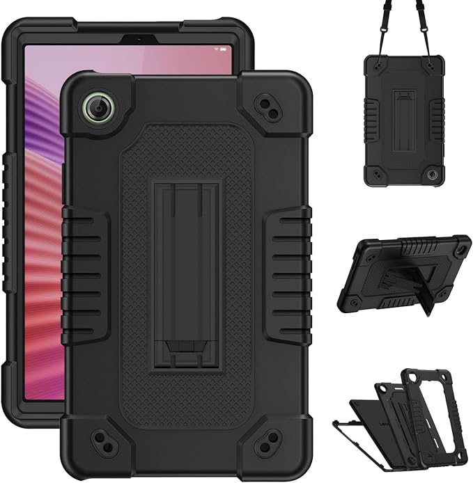 for Lenovo Tab One 8.7 inch Tablet Case Shockproof Hybrid Cover Built in Kickstand Shoulder Strap Hybrid Protective Cover for Lenovo Tab One/K9 TB305FU (2025) 8.7 Tablet (Black)