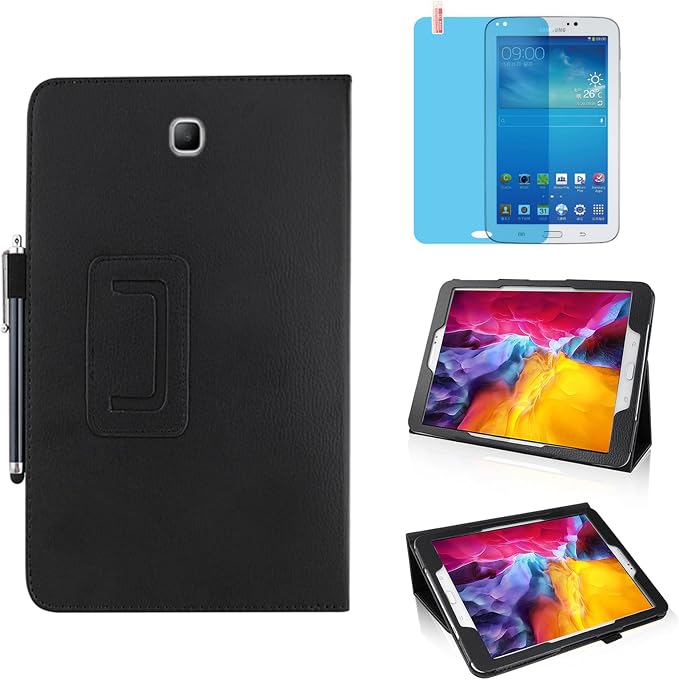 Slim Leather Case for Samsung Galaxy Tab 3 7.0 Inch 2013 (SM-T210 T215 P3200) Multi-Angle Stand Full-Protective Tablet Cover Book Case with Stylus PenScreen Film (Black)