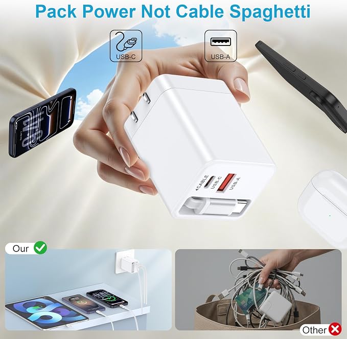 35W USB C Charger with Retractable Cable3-Port Foldable Wall Plug PD &amp QC Fast Charging Block with Type C Cable for iPhone 17e/17 Pro Max/16e/16/16 Pro Max/15/15 Plus/Samsung Galaxy S26/S25/S24/S