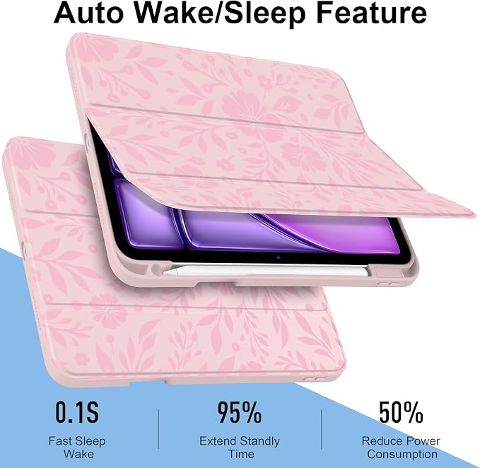 MecBevia Case for iPad Air 11-inch M4 2026 / M3 2025 / M2 2024 | Built-in Pencil Holder Shockproof Clear Hard Back Trifold Stand Auto Wake/Sleep Blue Bow