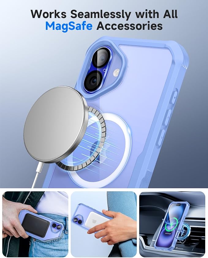 seacosmo for iPhone 16 Case, Full Body Bumper with Built-in 9H Tempered Glass Privacy Screen Protector and Camera Lens Protector, Compatible with MagSafe, Shockproof 16 Phone Case, 6.1", Light Blue