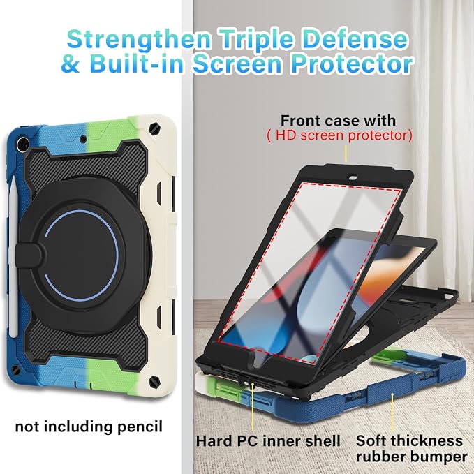 for iPad 9th 8th 7th Generation Case(iPad 10.2 inch) for Kids | 15ft Drop Protection Rugged with 360 Kickstand Handle Shoulder Strap，HD Screen Protector，Shockproof (2021/2020/2019 Release)