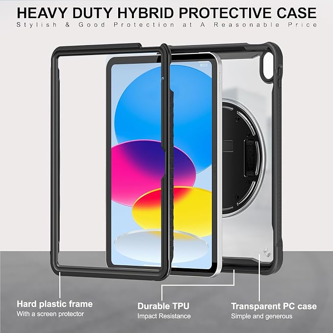 ZenRich Shockproof Case for iPad (A16) 11th/10th Generation Black | Pencil Holder 360° Rotating Kickstand Hand Strap Adjustable Carrying Strap Heavy Duty Rugged