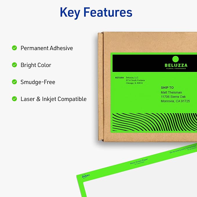 Avery Printable Shipping Labels, 5-1/2" x 8-1/2", Neon Green, Laser & Inkjet Compatible, 200 Blank Labels Total, Great for Branding, Mailing, Organizing, and More (5952)