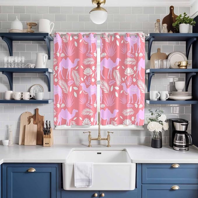 2 Panel Kitchen Cafe Curtains, Desert Camel Sunlight Filtering Nature Air