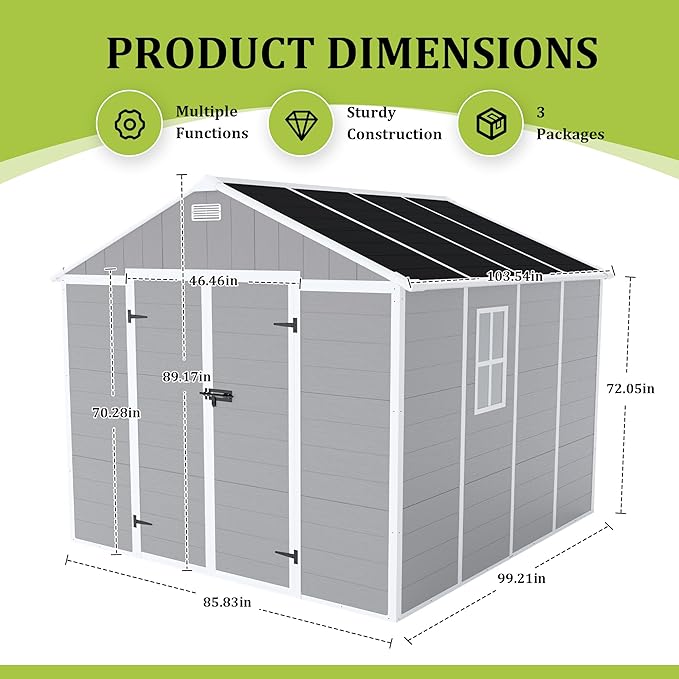 8x8 FT Outdoor Storage Resin Shed with Floor,Waterproof Plastic Garden Bike Shed with Lockable Door, Sloped Roof, Vents & Windows, Easy Assembly Tool Shed for Lawn, Backyard, Patio, Grey