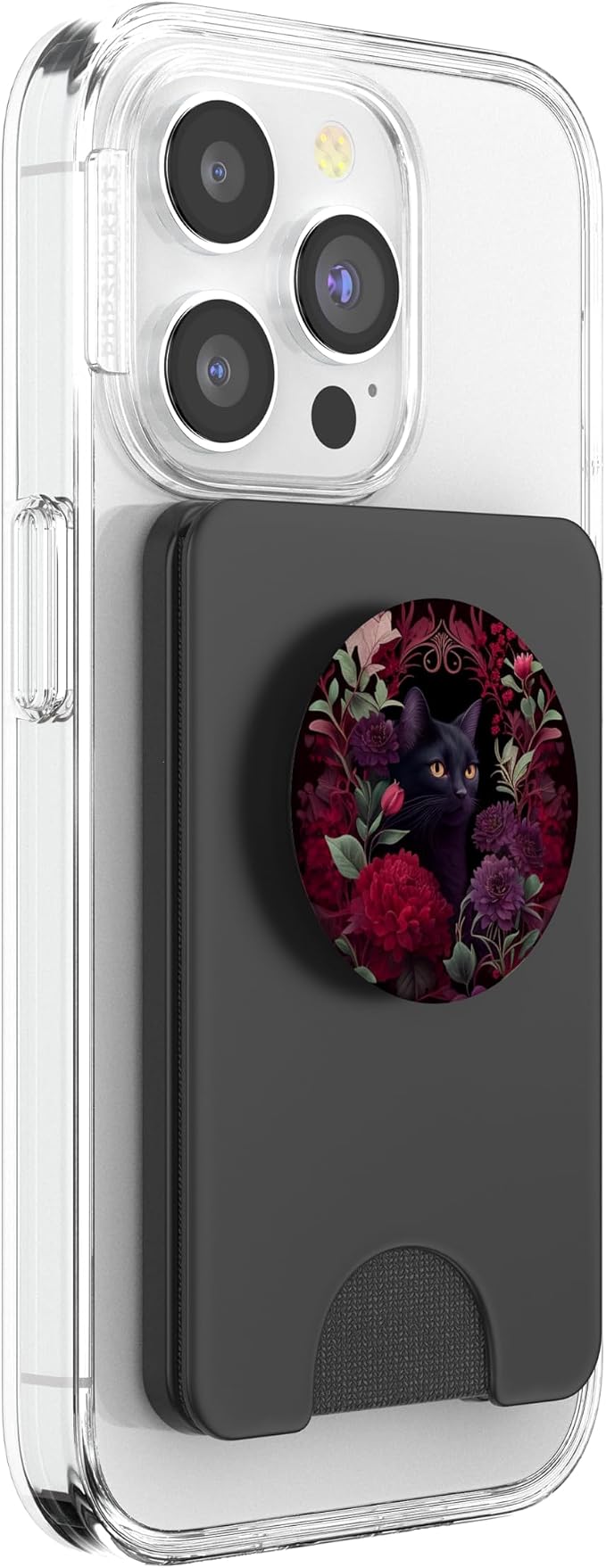 Black cat Hidden Flower Design with Burgundy Maroon Flowers PopSockets Adhesive PopGrip