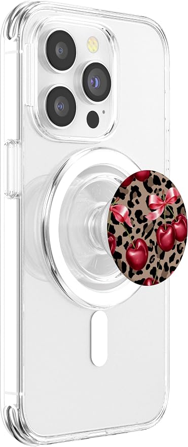 Brown Cheetah Valentine Girls Leopard Print Cherry And Bow PopSockets Adhesive PopGrip