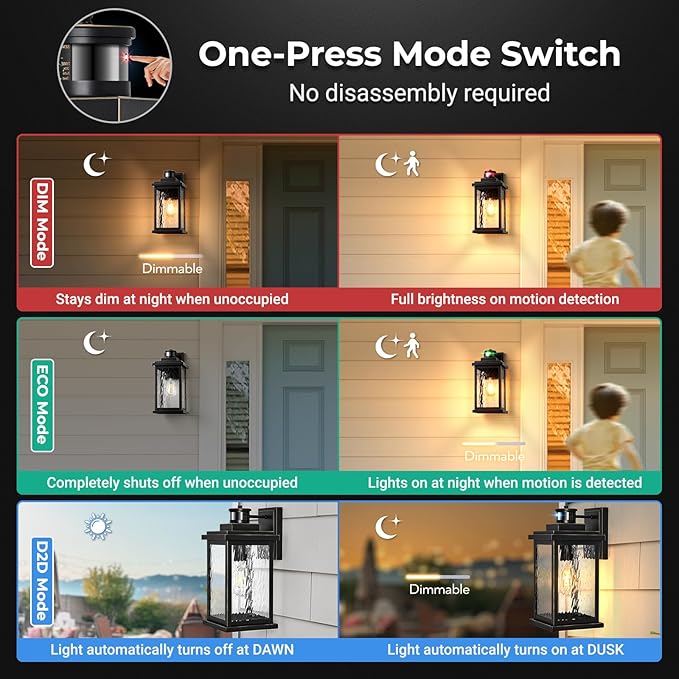 VIANIS Large Motion Sensor Outdoor Lights 2 Pack, Dusk to Dawn Outdoor Lighting with Water Glass, Easy-Install Aluminum Waterproof Hardwired Exterior Lights for Porch, Garage, Front Door