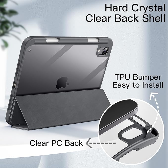 JETech Case Cover for iPad mini A17 Pro/6th Gen (2024/2021) Black | Clear Transparent Back Pencil Holder Slim Shockproof Protection Tri-Fold Stand Auto Wake/Sleep